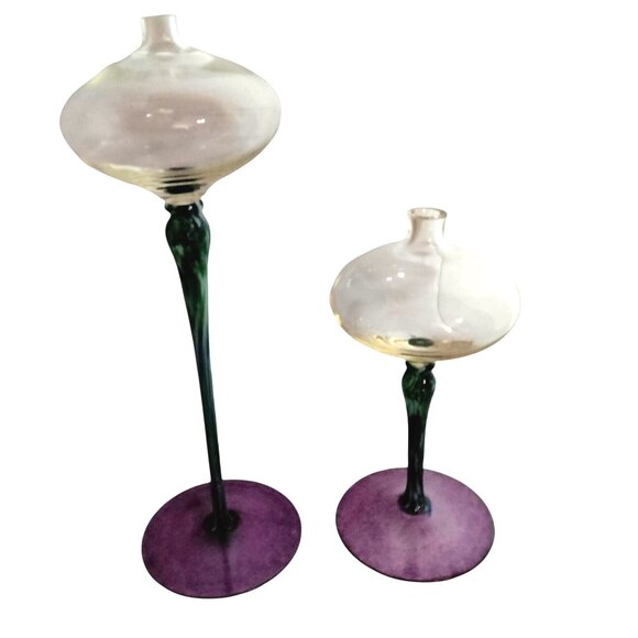 Handcrafted Glass Oil Candles Purple Base Green Swirled Stem Tall Pair - Picture 4 of 8